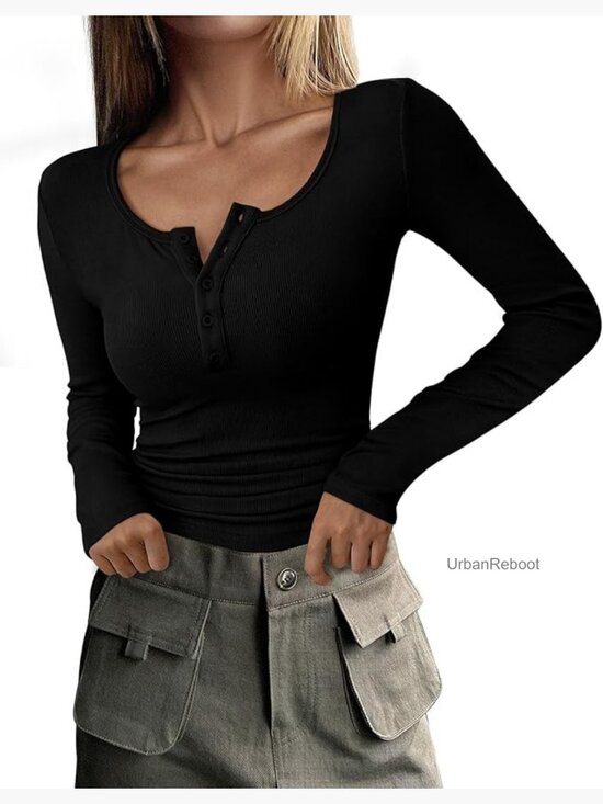 Tops - Long Sleeve Henley T Shirt Button Ribbed Knit Slim Fit Basic Top Blouse Casual